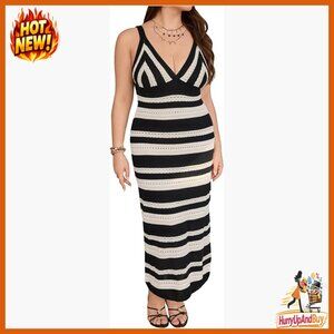 Striped Crochet Bodycon Maxi Dress V Neck Sleeveless Knit Plus Size